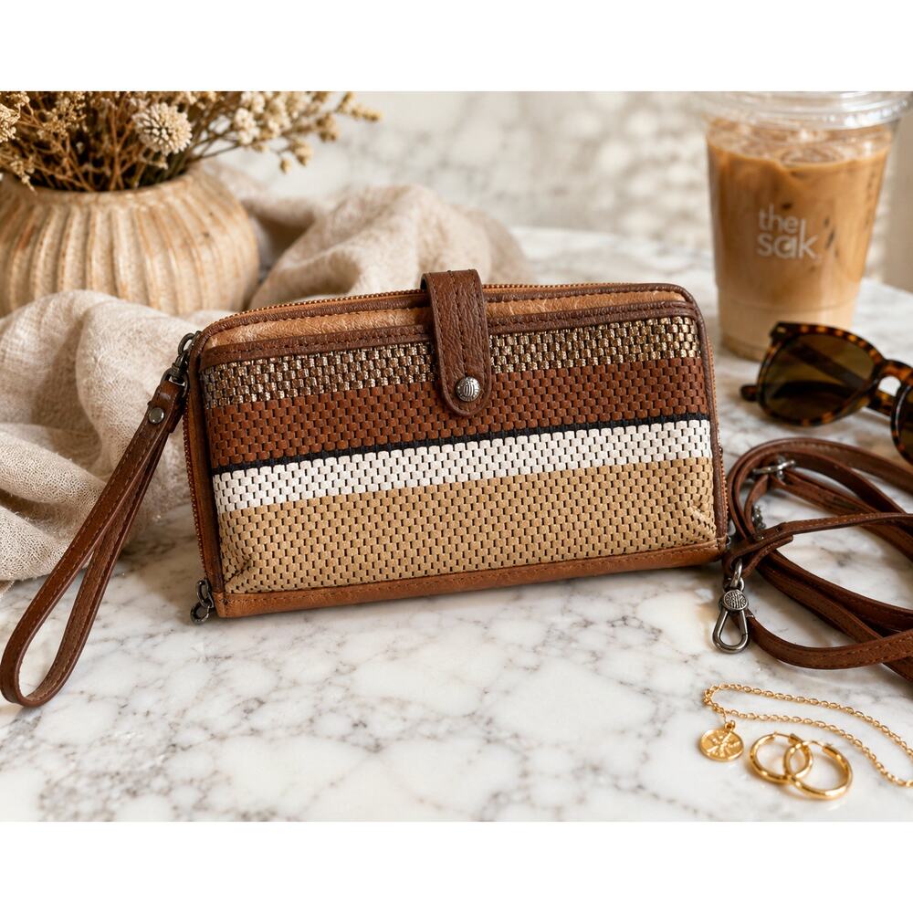 The Sak Woven Leather Smartphone Crossbody Wallet Tobacco Brown Stripe Wristlet